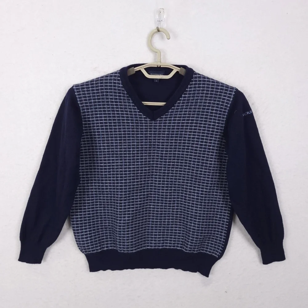 Burberry Golf V-Neck Wool Sweater Mens S Navy Blue Check Knit Italy Luxury